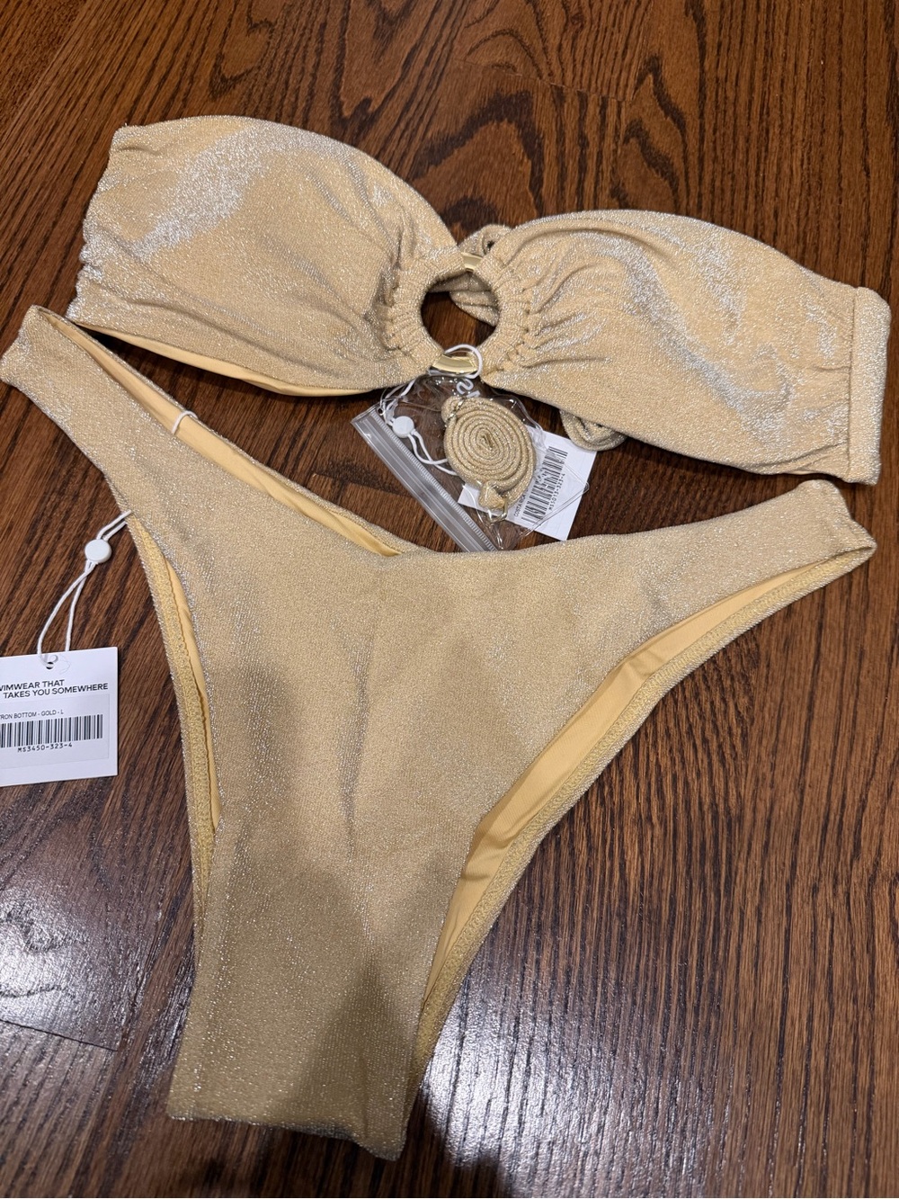 Monday Swimwear Gold Shimmer Bandeau Bikini Set with Ring Detail